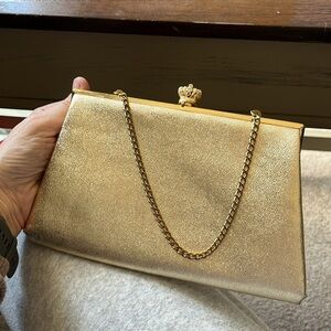 Vintage 60s Rare Gold rhinestone Chain Clutch Wristlet Purse Crown Clasp Evening